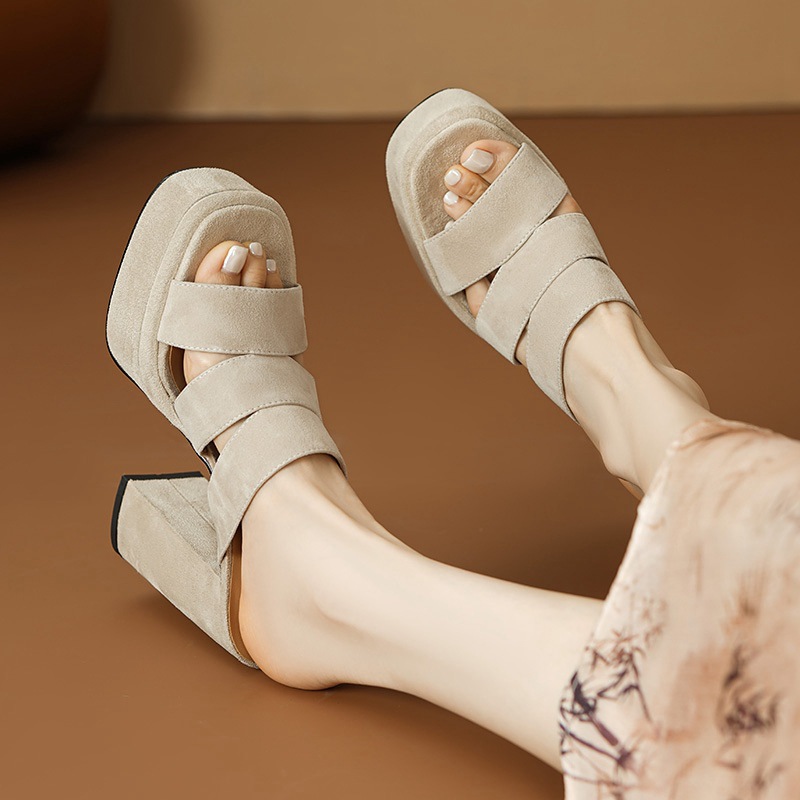 Sandal cao gót nữ hở mũi gót thô 12 cm đế dày phong cách La Mã — đen