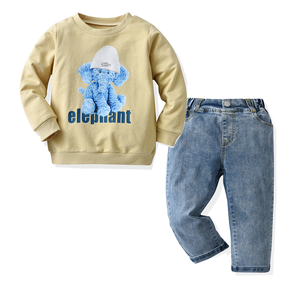 Autumn And Winter New European And American Boys' Clothing Apricot Blue Elephant Print Long-sleeved Sweater One Button Denim Trousers Children's Suit
