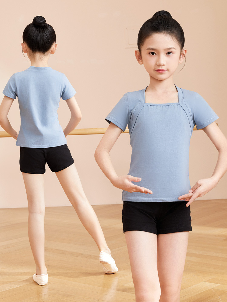 Ropa de baile para niños Ropa de práctica de dos piezas para niñas de verano Cuello cuadrado de algodón de manga corta Top de dos piezas falso Ropa de baile chino para niños