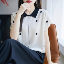品牌折扣工厂旗舰店2024夏季新款时尚翻领休闲针织短袖T恤女波点