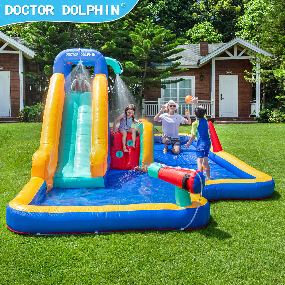 Castillo Inflable Doctor Dolphin, Castillo Acuático Inflable con Rociadores de Agua para Niños, Tobogán Inflable, Trampolín, Piscina Infantil, Venta al por Mayor