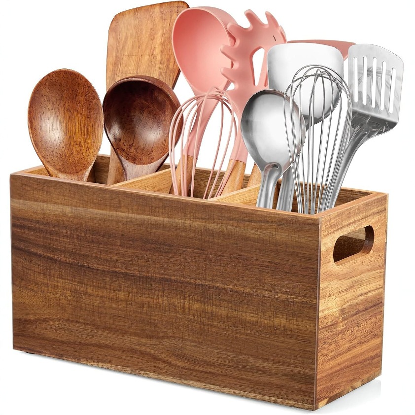 木质厨房用品餐具收纳盒可手提桌面刀叉储物盒卸隔板锅铲整理盒