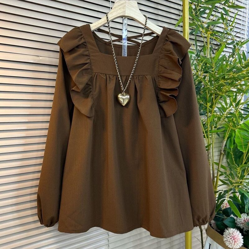 Plus-Size Sweet New Cute Women's Long-Sleeve Ruffled Square-Neck Doll-Style Top with Unique Shirt Design