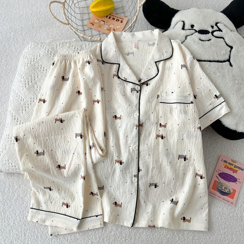 Al por mayor transfronterizo verano nubes pijamas de algodón de mangas cortas pantalones cardigan con solapa ropa de hogar lindos dibujos animados se pueden usar fuera