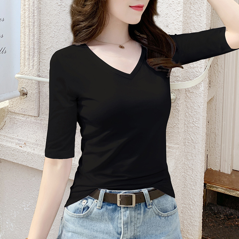 Black Mid-sleeve V-neck T-shirt Women's Slim-fit 2025 Spring and Autumn New Cotton Half-sleeve Base-layer Shirt with Half-sleeve Top
