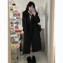 网红纯色毛呢外套中长款女秋冬季百搭黑色加厚气质宽松呢子大衣