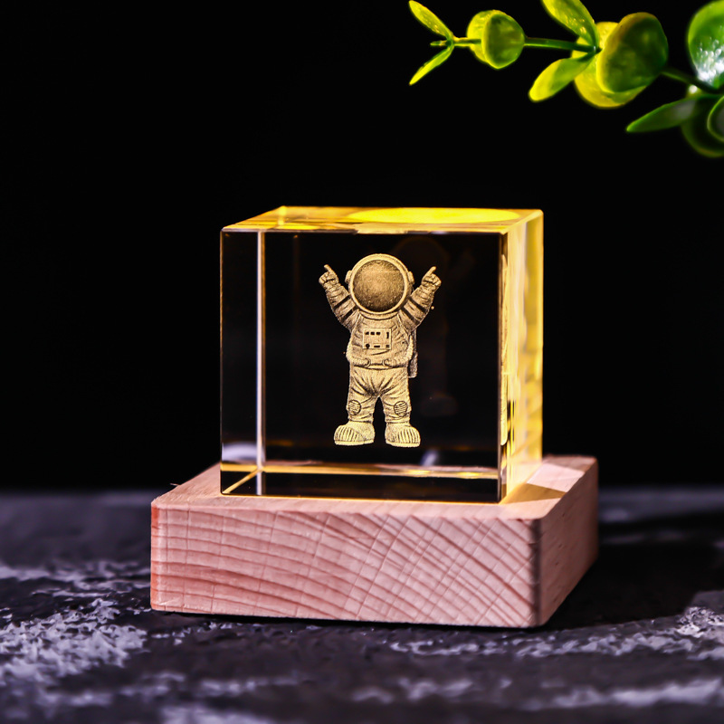 Cubo de cristal decoración interruptor de luz cálida base de madera talla interior Luna Sistema Solar Galaxy decoración de escritorio regalo de niña
