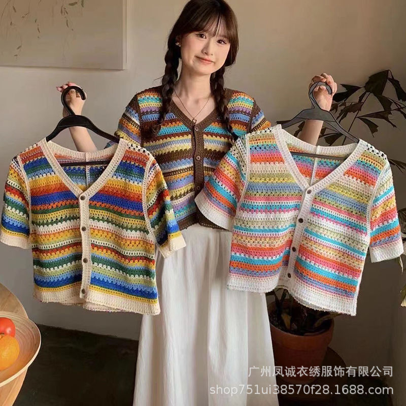 Rainbow Striped Knitted Cardigan Design Niche Short Sleeve Short T-Shirt for Women Summer Top Rainbow Striped Knitted Cardigan Design Niche Short Sleeve Short T-Shirt for Women Summer Top
