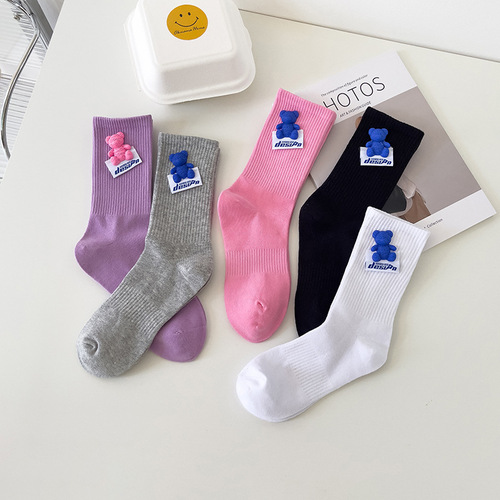 Spring and Autumn Japanese style men's and women's same style with cloth label bear outer wear couple's sports trendy socks macaron color mid-calf cotton socks