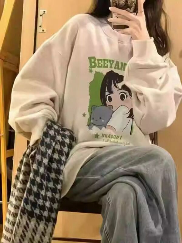 日系卡通印花卫衣女春秋冬宽松oversize慵懒风设计感薄款上衣外套|undefined