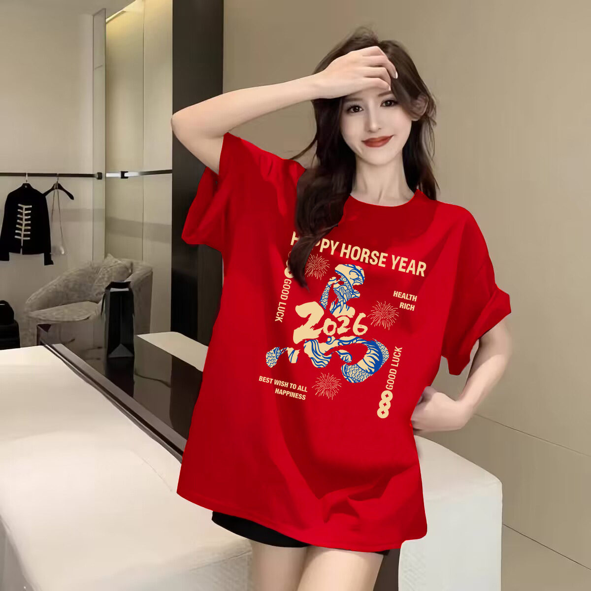 New Popular Pure Cotton Short-Sleeved T-Shirt for Women 2026 Year of the Horse Animal Year Clothes Red Fashion Women's Tops T-Shirt