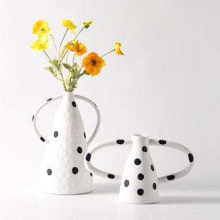 Casual Modern Scandinavian Black and White Polka Dot Double-Eared Ceramic Vase Ornaments Model Room Living Room Entrance Decoration Flower Utensils