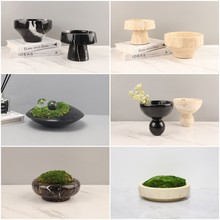 现代简约侘寂风天然大理石洞石永生苔藓花盆桌面摆件客厅家居饰品