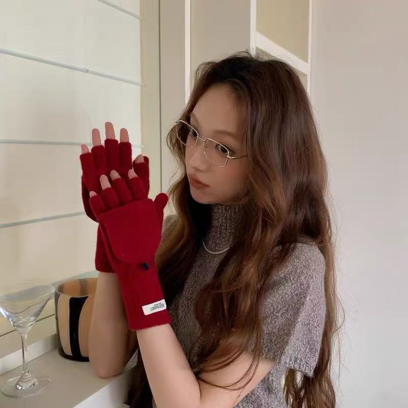 Korean 100% Wool Pure Wool Flip-Top Half-Finger Gloves for Women in Winter Warm and Cold-Proof Touch-Screen Knitted Gloves