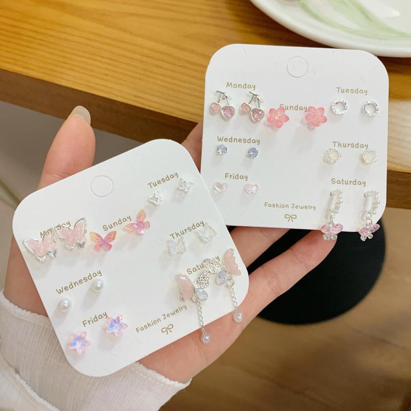 夏の蝶のイヤリングセット 女性用 多用途で繊細なジルコン ガーリーなピンクのイヤリング 花のイヤリング 卸売|undefined