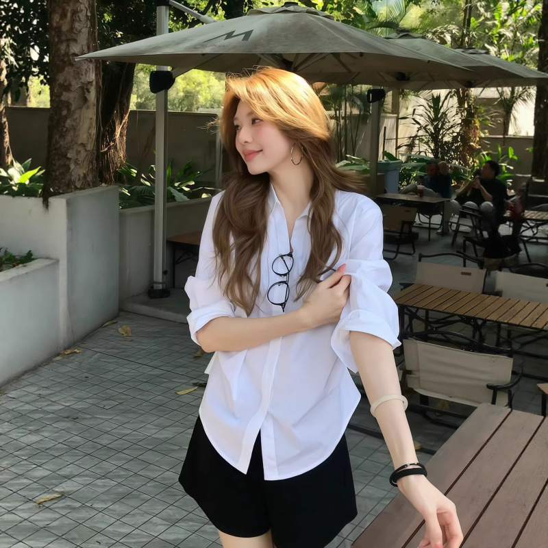 Sadsoil Basic White Pleated Shirt for Women, Spring and Summer Loose Casual Long-Sleeved Atmospheric Top Shirt for Women