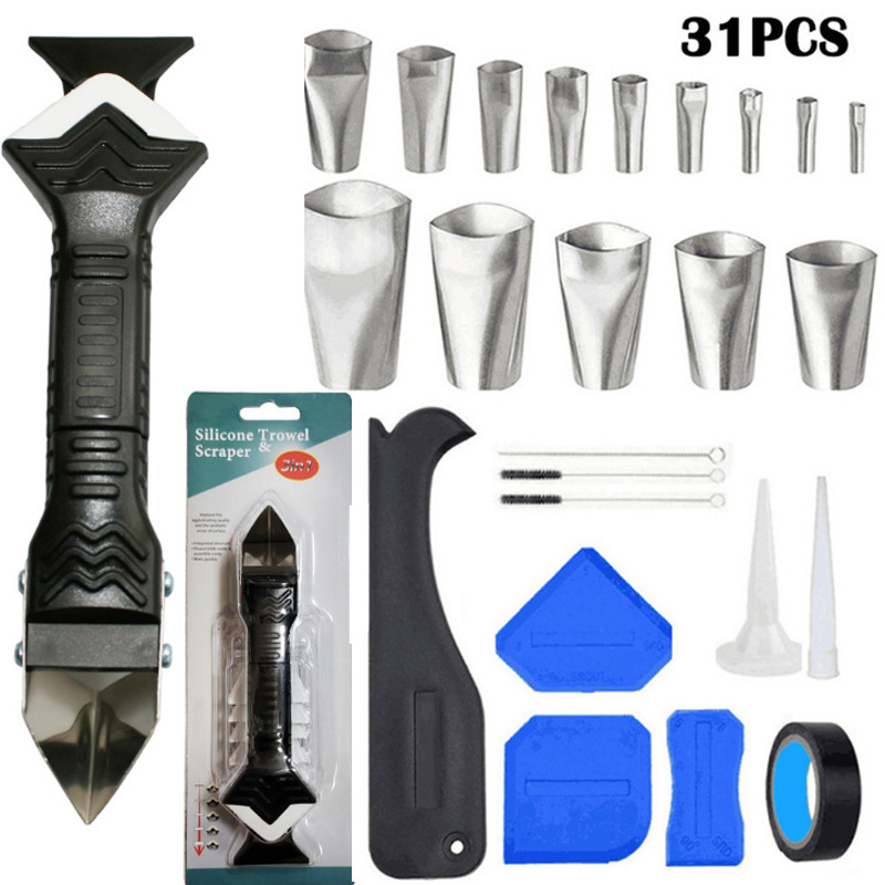 31件套填缝工具吸塑3合一金属刮刀不锈钢胶嘴喷嘴密封刮板