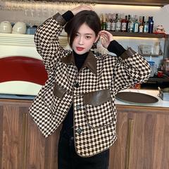 外套女装秋冬2025新款复古法式千鸟格设计感拼接短款加厚长袖上衣