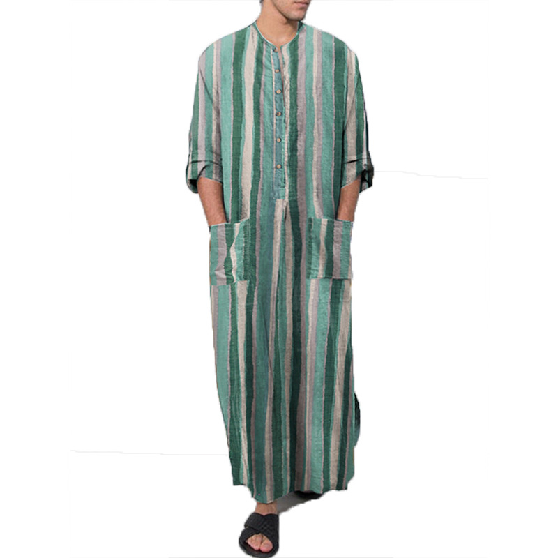 Moslimgewaad nieuwe Arabische heren losse deurbuis gestreepte jumpsuit met lange mouwen in etnische stijl_voghion.com