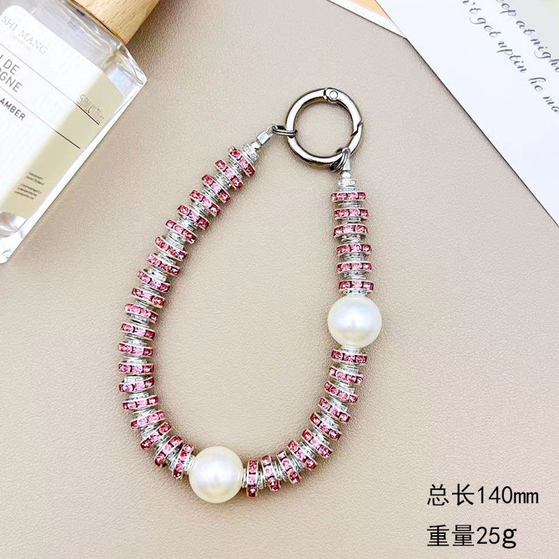 다이아몬드와 진주가 박힌 휴대폰 체인(핑크)