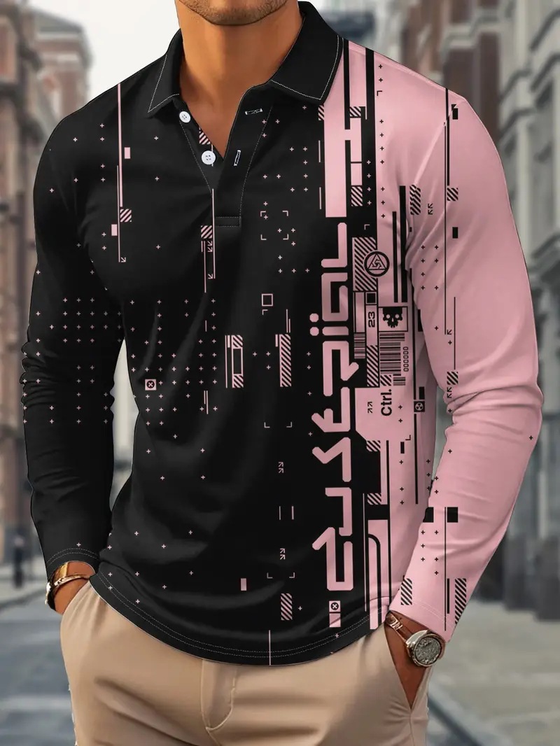 Tecnología geométrica patrón de color de contraste 3D impresión digital para hombres primavera y otoño suelta transpirable manga larga botones cuello POLO camisa