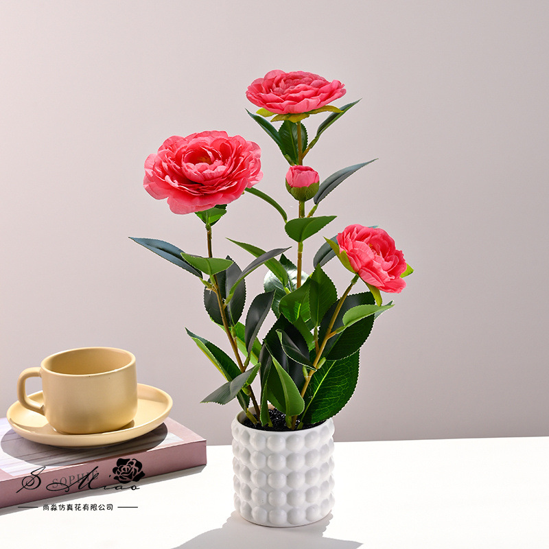 Plantas en maceta de camelia de cuatro cabezas transfronterizas, flores de simulación creativa, decoración de estudio fotográfico para el hogar, plantas verdes artificiales, simulación, macetas, falso