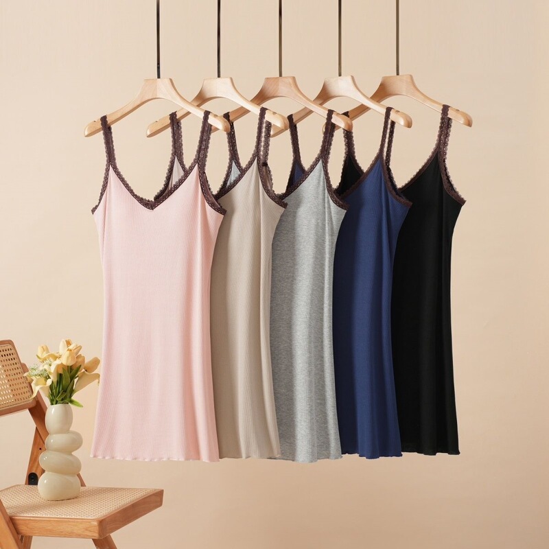 Summer Women's Modal Camisole Nightgown with Chest Pads, Short Skirt, Sexy Sleepwear, Homewear, Solid Color, Thin Lace Summer Women's Modal Camisole Nightgown with Chest Pads, Short Skirt, Sexy Sleepwear, Homewear, Solid Color, Thin Lace