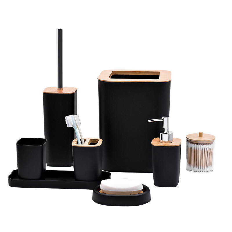 Baño de lujo ligero conjunto de artículos de baño de ocho piezas de baño taza de baño de bambú y madera conjunto de adornos de cepillo de inodoro