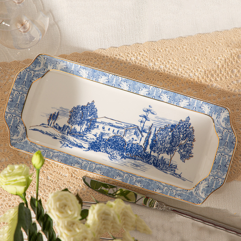 European Turkish Style Classical Blue and White Gold Rectangular Cake Plate Hotel Restaurant Fruit Plate Coffee Shop Dessert Plate