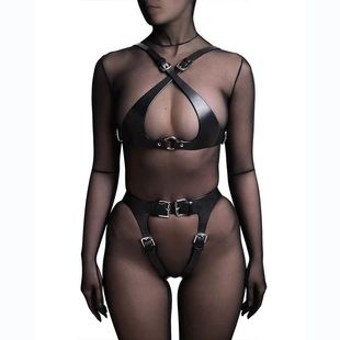 Adult sexy leather bikini underwear charm sm supplies props female wear hanging neck training suit in stock