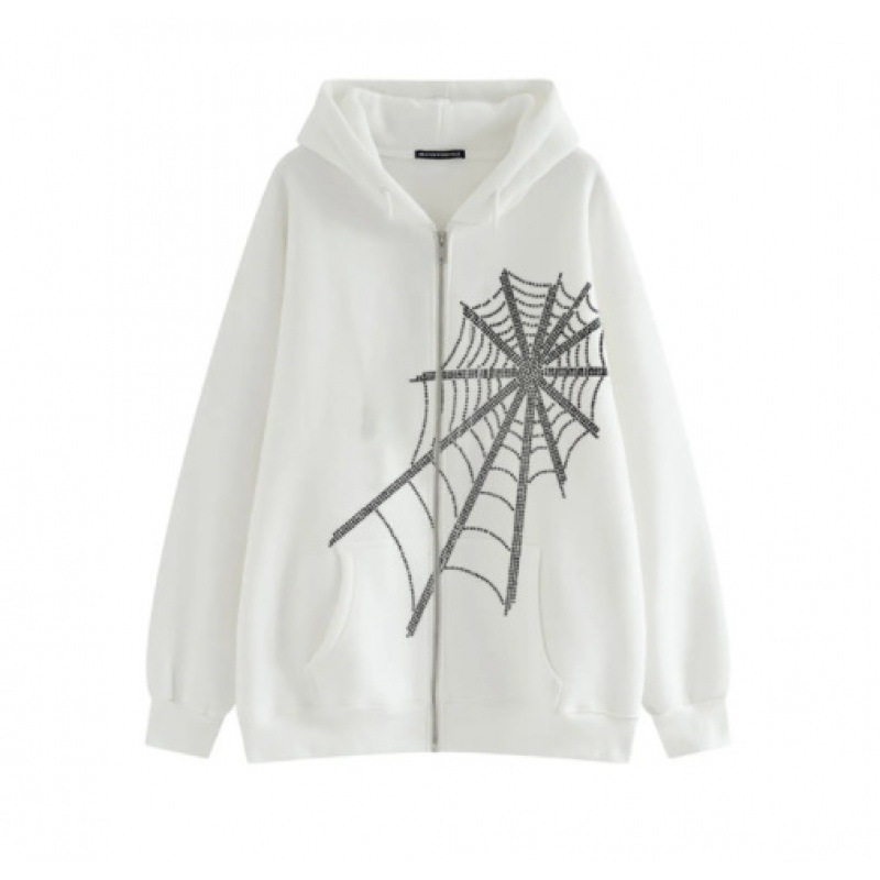 2024 Autumn Winter Casual Loose Coat Top Spider Rhinestone Print Long Sleeve Zipper Hooded Sweatshirt Unisex_voghion.com
