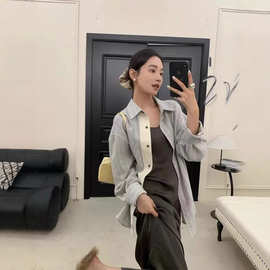 宽松拼接条纹长袖衬衫女设计感韩系衬衣外套秋季2026春夏新款上衣