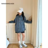 Nanokids 24 осень ретро корейская мелодия свободная большая версия джинсовая рубашка пиджак матовые кожаные шорты