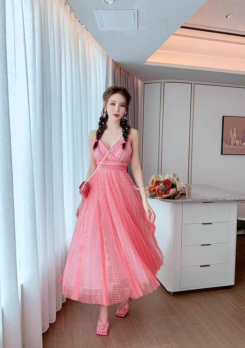 Váy maxi cổ chữ V chấm bi lưới xếp ly cạp cao tay địu — Màu đỏ chi tiết 10