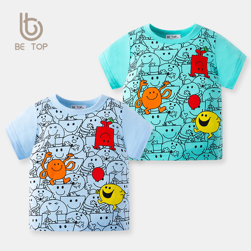 2023 verano niños de manga corta nueva historieta impresa suéter tops verano moda ropa de niños entrega de una sola pieza