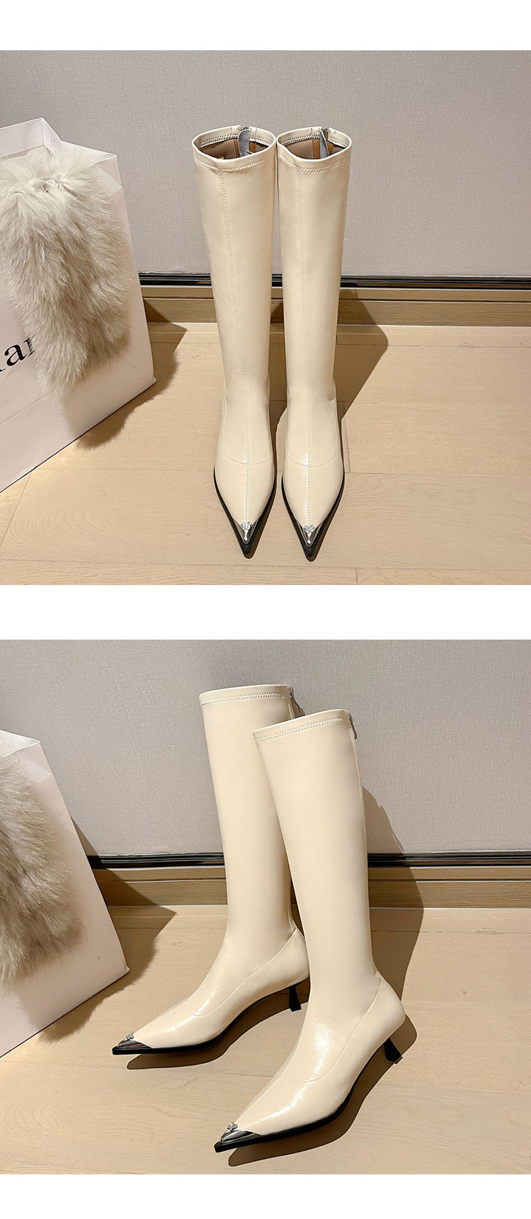 Bốt nữ cổ cao mũi nhọn kim loại co giãn, phong cách kỵ sĩ cao gót thon gọn — Màu kaki lót nhung chi tiết 27