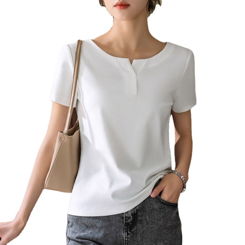Camiseta de manga corta para mujer verano 2023 nueva camiseta de algodón de color sólido con cuello redondo medio abierto para mujer