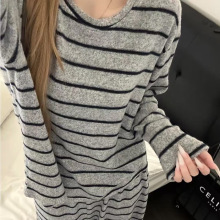 薄绒条纹德绒睡衣女秋冬圆领长袖新款宽松简约休闲韩版家居服套装