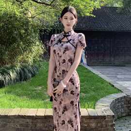 复古气质短袖印花性感镂空开叉长裙蚀骨年轻款改良旗袍连衣裙女夏
