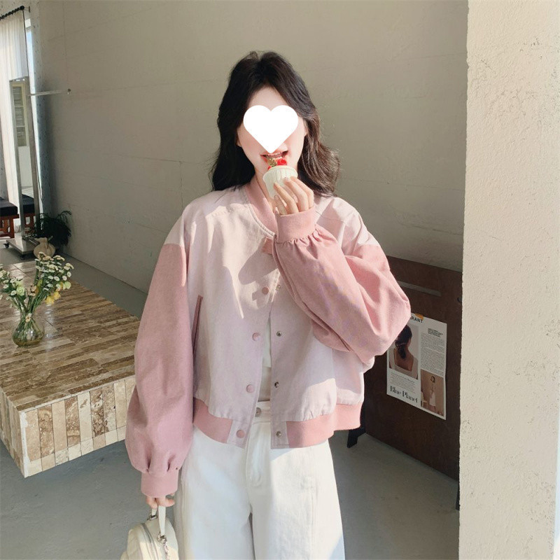 H8A粉色短款棒球服外套女春秋2025新款小个子百搭|undefined