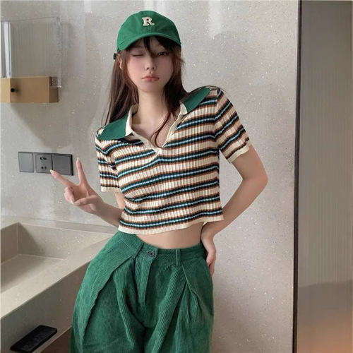 Retro polo neck striped short-sleeved sweater women's summer new style ins slim slimming and chic T-shirt top