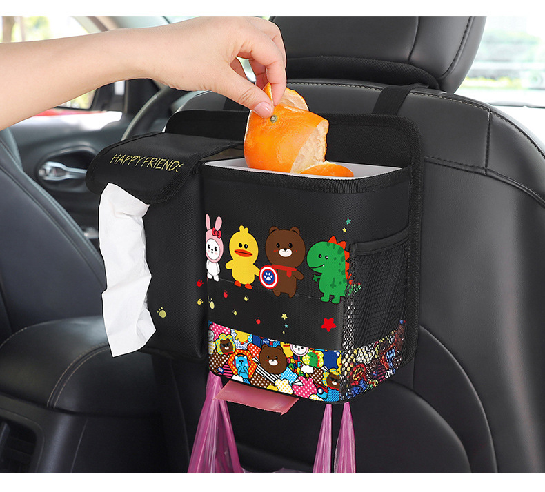 Car Trash Can and Tissue Box Two-In-One Cartoon Cute Car Seat Hanging Storage Box Multi-Functional Storage Bag