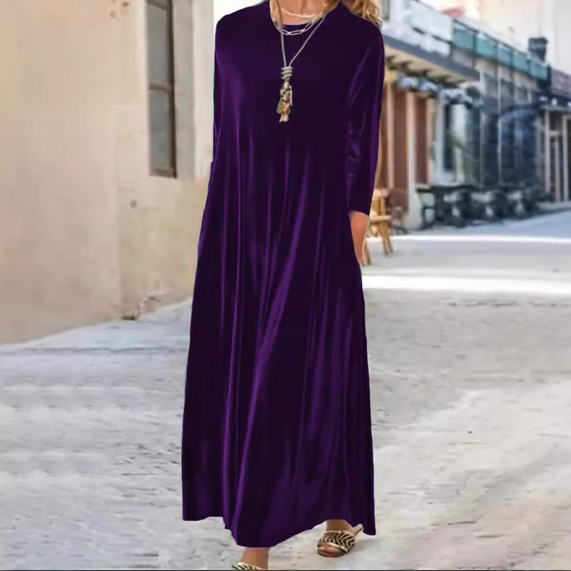 Cross-Border Foreign Trade Women's Velvet Dress, New Autumn and Winter Thickened Korean Velvet Elegant Loose Solid Color Long Dress