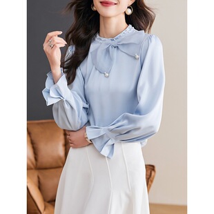 Multiplication 2024 spring new South Korea elegant slimming stand collar beaded bow solid color pullover chiffon