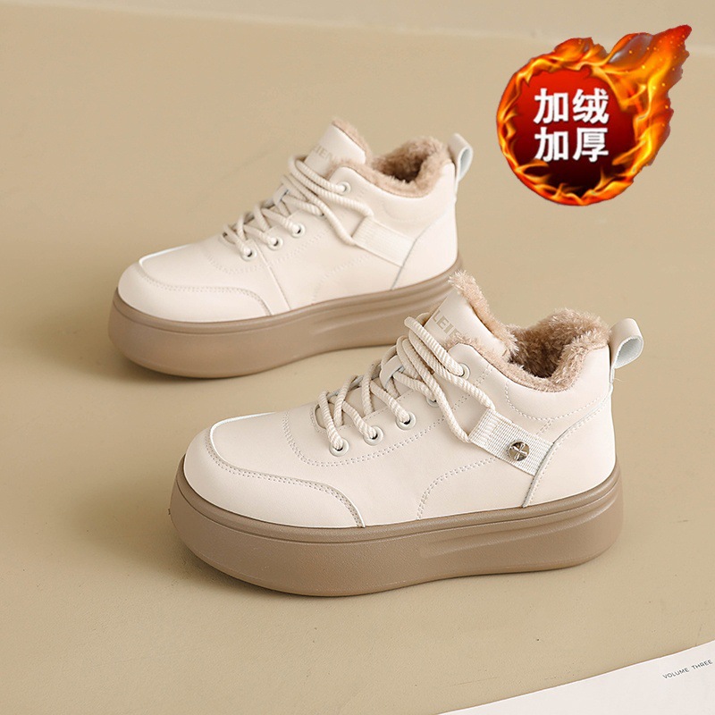 Winter Women's Shoes with Fleece Lining, High-Top Snow Boots, Korean Style Versatile Thick-Soled Warm Cotton Shoes, Casual Short Boots, Trendy Shoes