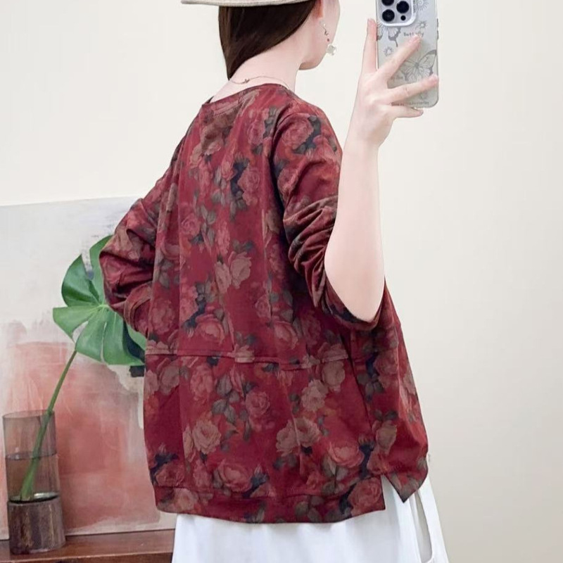印花卫衣女 2025秋新款文艺复古宽松圆领套头百搭妈妈装上衣 5035|undefined