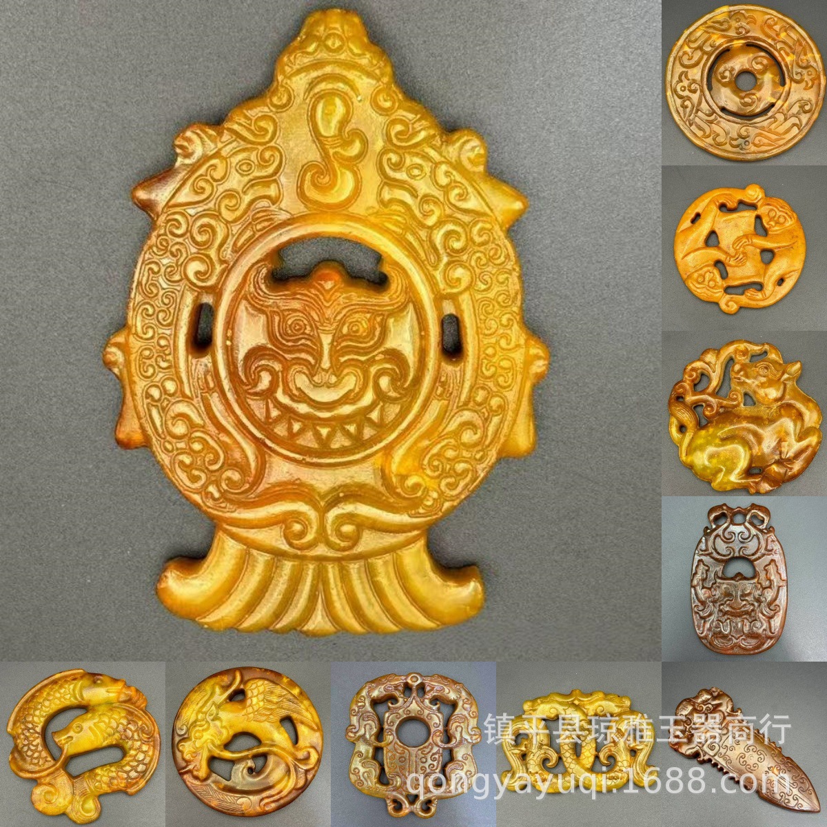 仿古做旧岫玉仿古龙玉璧挂件配饰战汉古风老玉双猴玉璧双龙凤鸟牛