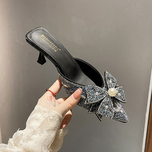 2025 Rhinestone High Heel Slippers Women's Summer Fashionable Pointed Toe Slippers French Style Socialite Half Slippers Women's Shoes