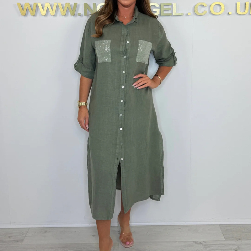 25 Amazon Independent Platform European and American Cross-Border Women's Clothing Patchwork Sequin Pocket Shirt Dress Elegant Commuter Style