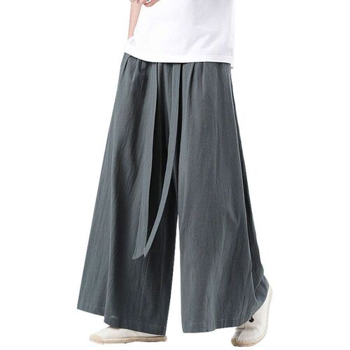 Han Elements Chinese Style Song Pants Ice Silk Skirt Pants Hanfu Tangzhuang Men's Cotton Linen Casual Pants Retro Style Zen Wide Leg Pants